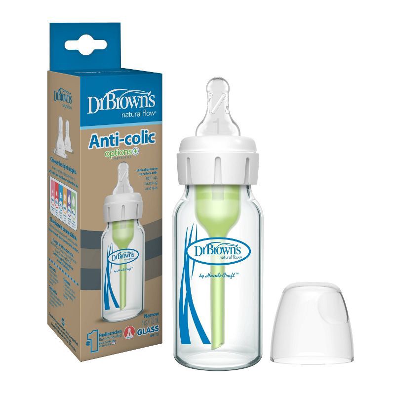 slide 2 of 19, Dr. Brown's 4oz Anti-Colic Options+ Narrow Glass Baby Bottle with Level 1 Slow Flow Nipple - 0m+, 4 oz