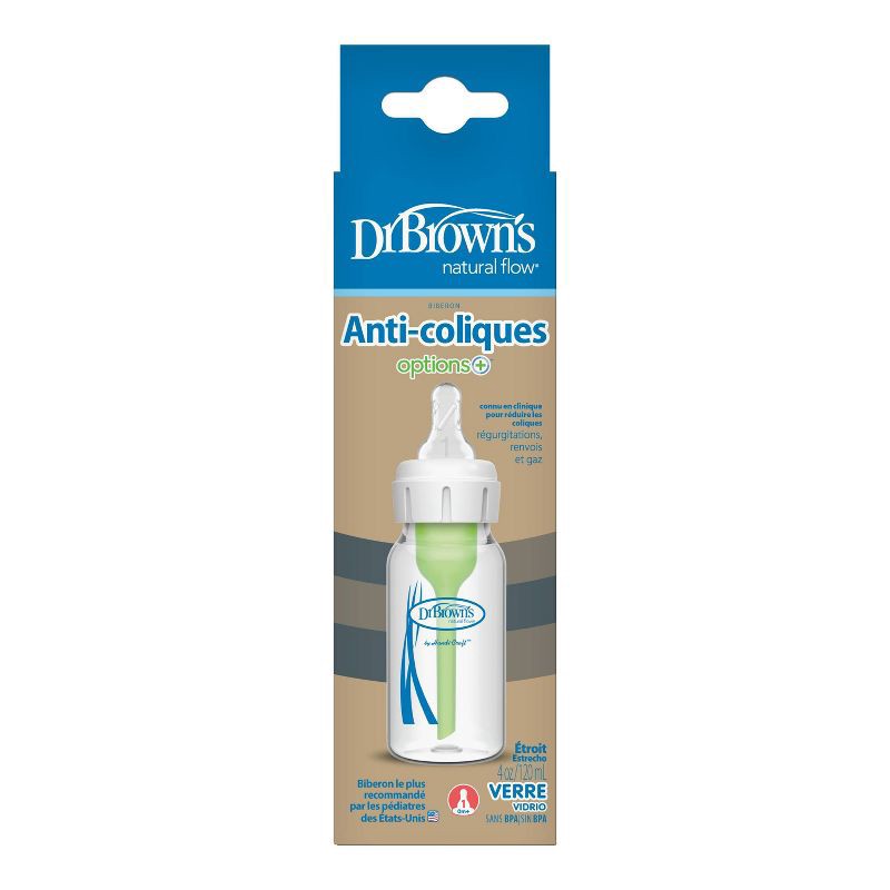 slide 19 of 19, Dr. Brown's 4oz Anti-Colic Options+ Narrow Glass Baby Bottle with Level 1 Slow Flow Nipple - 0m+, 4 oz