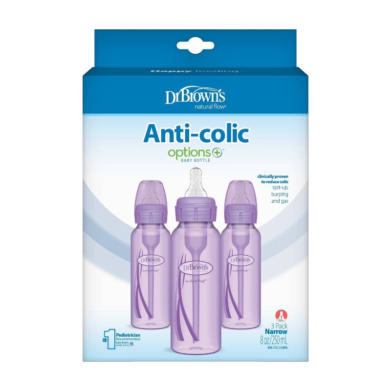 slide 2 of 14, Dr. Brown's 8oz Anti-Colic Options+ Narrow Baby Bottle with Level 1 Slow Flow Nipple - 3pk - 0m+ - Purple, 3 ct; 8 oz