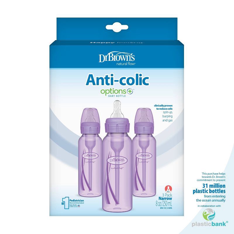 slide 14 of 14, Dr. Brown's 8oz Anti-Colic Options+ Narrow Baby Bottle with Level 1 Slow Flow Nipple - 3pk - 0m+ - Purple, 3 ct; 8 oz