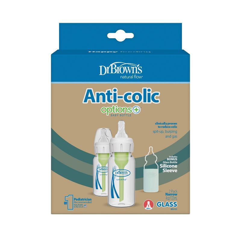 slide 2 of 21, Dr. Brown's 4oz Anti-Colic Options+ Narrow Glass Baby Bottle with Level 1 Slow Flow Nipple & Silicone Sleeve - 2pk, 2 ct; 4 oz