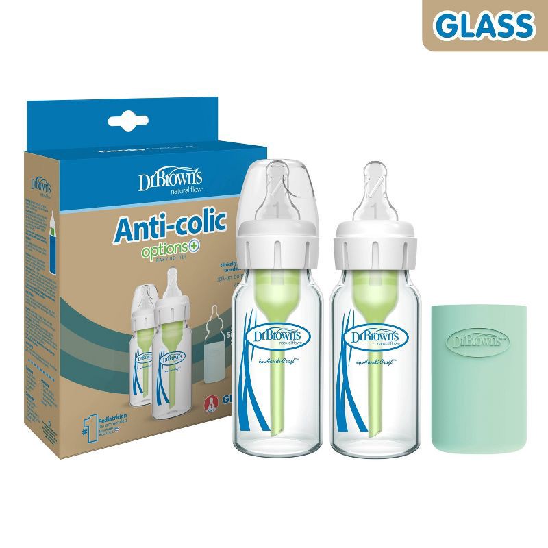slide 3 of 21, Dr. Brown's 4oz Anti-Colic Options+ Narrow Glass Baby Bottle with Level 1 Slow Flow Nipple & Silicone Sleeve - 2pk, 2 ct; 4 oz