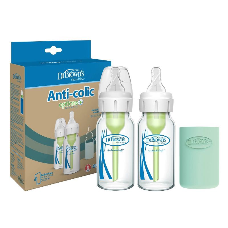 slide 13 of 21, Dr. Brown's 4oz Anti-Colic Options+ Narrow Glass Baby Bottle with Level 1 Slow Flow Nipple & Silicone Sleeve - 2pk, 2 ct; 4 oz