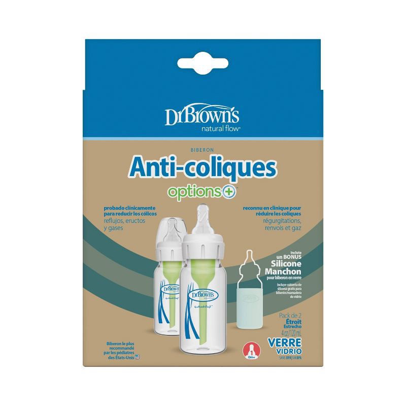 slide 21 of 21, Dr. Brown's 4oz Anti-Colic Options+ Narrow Glass Baby Bottle with Level 1 Slow Flow Nipple & Silicone Sleeve - 2pk, 2 ct; 4 oz