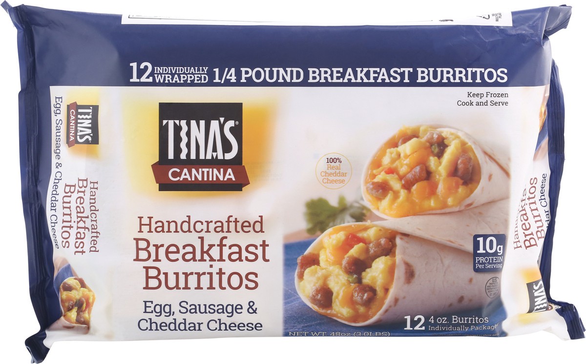 slide 7 of 9, Tina's Cantina Handcrafted Egg, Sausage & Cheddar Cheese Breakfast Burrito 12 ea, 12 ct