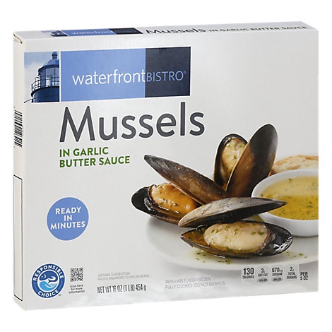 slide 1 of 1, Waterfront Bistro Mussels Garlic Butter Sauce Fully Cooked Ready To Heat, 16 oz