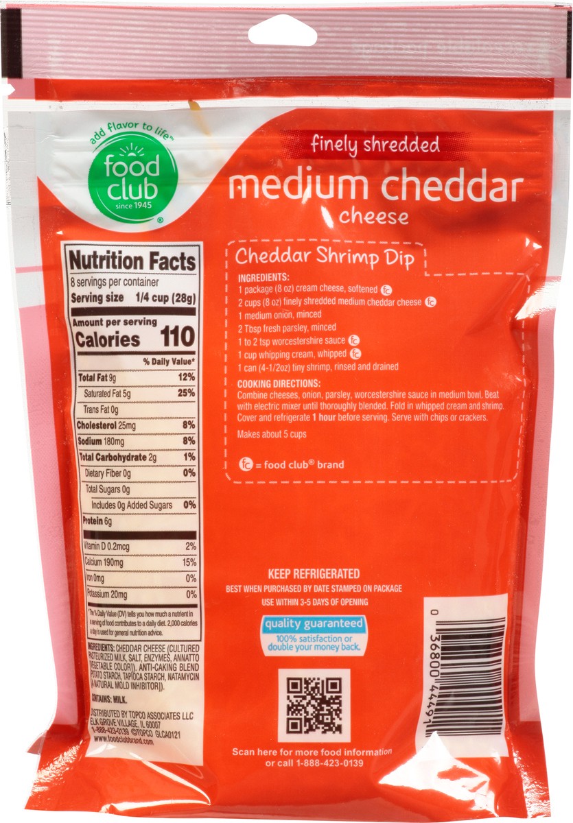 slide 10 of 11, Food Club Medium Cheddar Finely Shredded Cheese, 8 oz