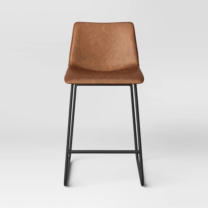 slide 3 of 6, Bowden Faux Leather Counter Height Barstool Caramel - Threshold™: Modern Armless Design, Metal Legs, 24" Seat Height, 1 ct