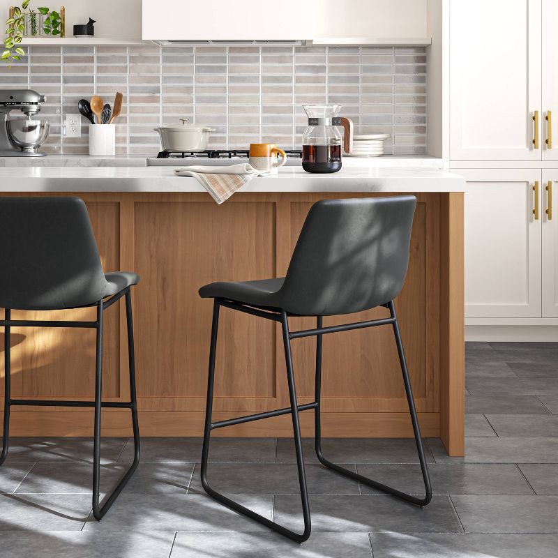 slide 2 of 6, Bowden Faux Leather Counter Height Barstool Dark Gray - Threshold™: Modern Armless Upholstered Seat, Metal Legs, 24" Height, 1 ct