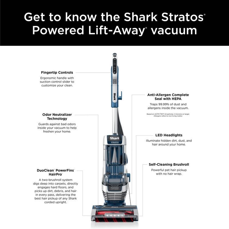slide 15 of 15, Shark Stratos Upright Vacuum with DuoClean PowerFins HairPro, Self-Cleaning Brushroll, Odor Neutralizer Technology Navy AZ3002, 1 ct