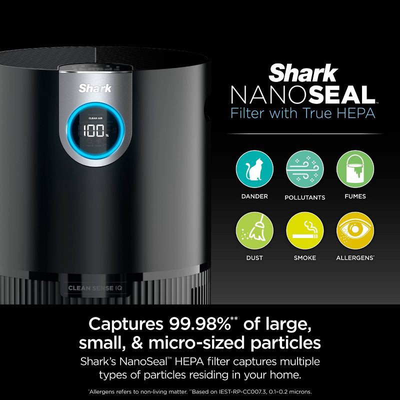 slide 3 of 19, Shark Air Purifier MAX with True NanoSeal HEPA, Cleansense IQ, Odor Lock, Cleans up to 1200 Sq. Ft, Charcoal Gray, HP202: Programmable Timer, 1 ct