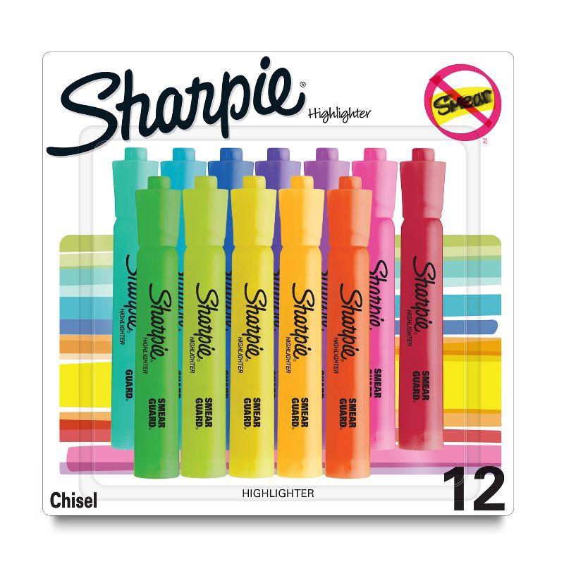slide 1 of 6, Sharpie 12pk Highlighters Smear Guard Chisel Tip Assorted Colors: Bold Multicolored Markers for School & Office, 12 ct