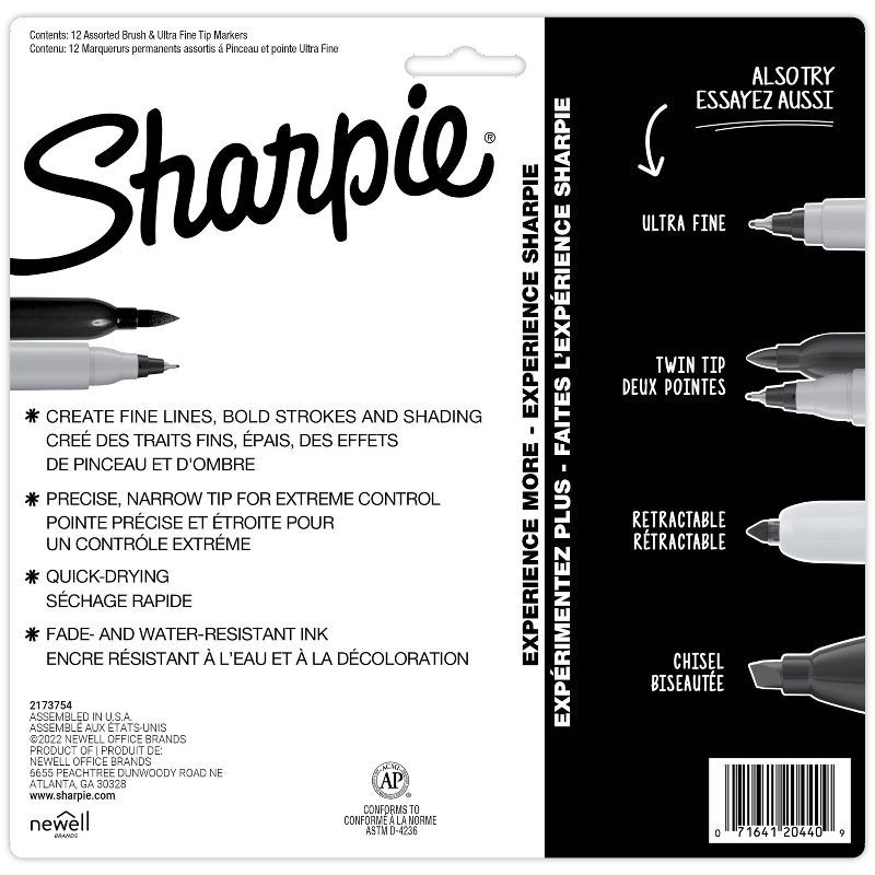 slide 6 of 6, Sharpie 12pk Permanent Markers Brush and Ultra Fine Twin Assorted Colors: Sharpie Brush Tip & Twin Tip, Colored Markers, 12 ct