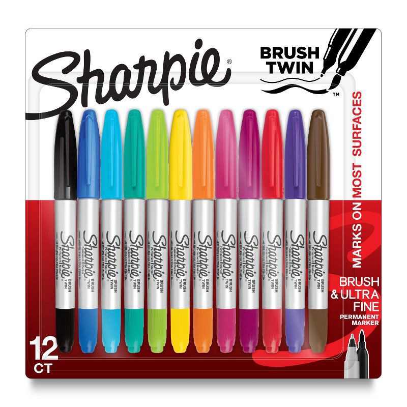 slide 1 of 6, Sharpie 12pk Permanent Markers Brush and Ultra Fine Twin Assorted Colors: Sharpie Brush Tip & Twin Tip, Colored Markers, 12 ct