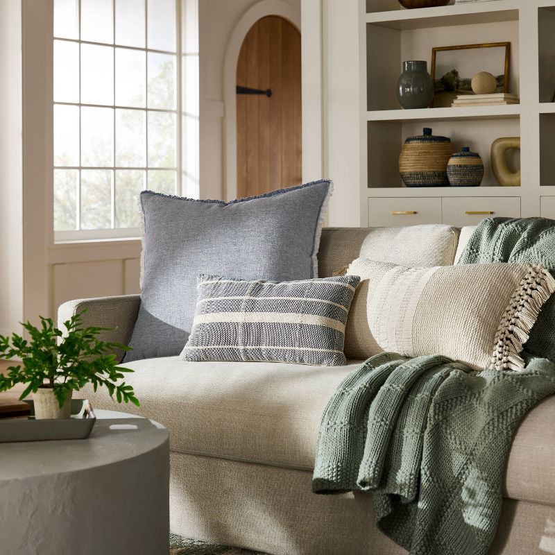 slide 2 of 4, Threshold designed w/Studio McGee Oversized Reversible Linen Square Throw Pillow with Frayed Edges Blue - Threshold™ designed with Studio McGee: Indoor Comfort, Zipper Closure, 1 ct