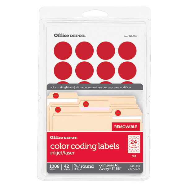 slide 1 of 2, Office Depot Brand Removable Round Color-Coding Labels, Od98786, 3/4'' Diameter, Red, Pack Of 1,008, 1 ct
