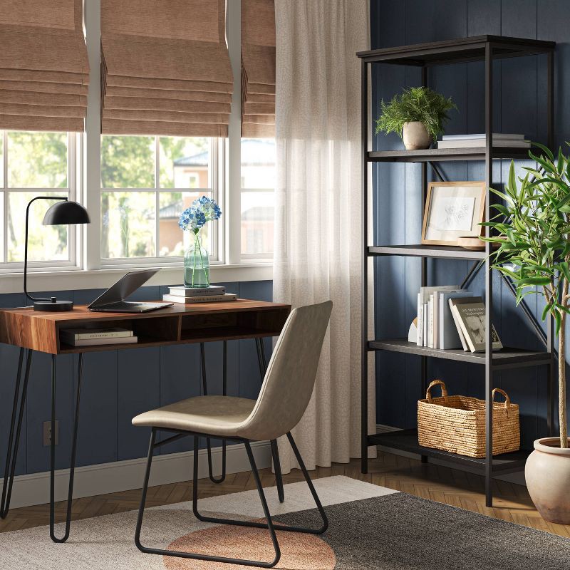 slide 2 of 8, Hairpin Writing Desk with Storage Brown - Threshold™: Walnut Finish, Metal Legs, Open Compartments, 1 ct