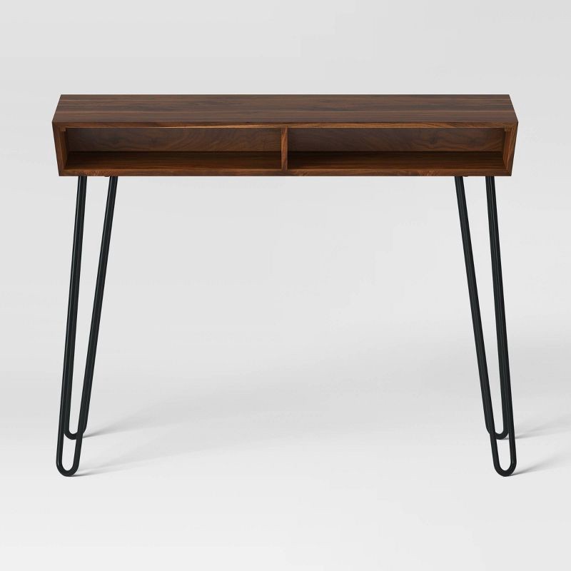 slide 3 of 8, Hairpin Writing Desk with Storage Brown - Threshold™: Walnut Finish, Metal Legs, Open Compartments, 1 ct