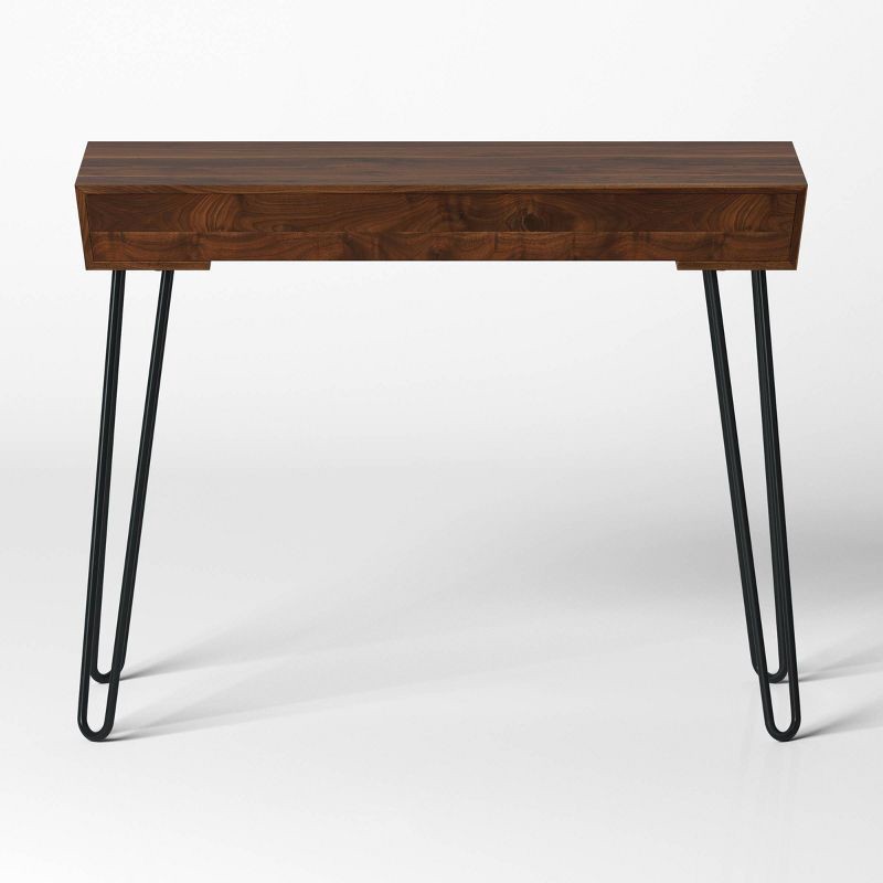 slide 4 of 8, Hairpin Writing Desk with Storage Brown - Threshold™: Walnut Finish, Metal Legs, Open Compartments, 1 ct