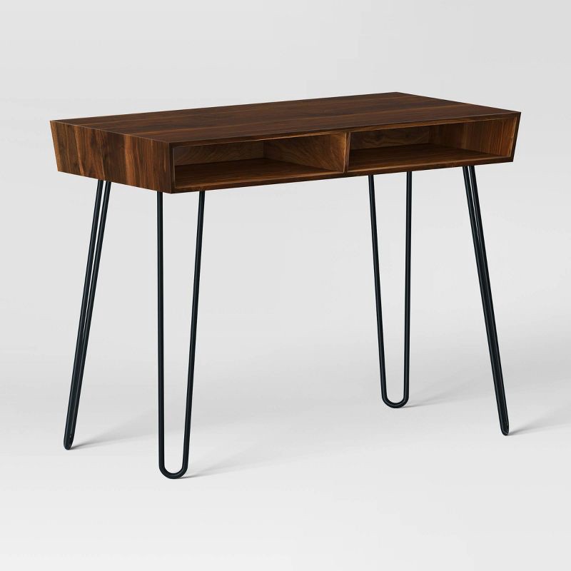 slide 1 of 8, Hairpin Writing Desk with Storage Brown - Threshold™: Walnut Finish, Metal Legs, Open Compartments, 1 ct