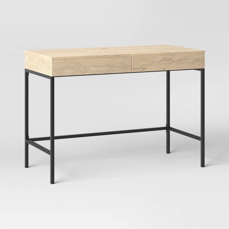 slide 1 of 7, Loring Wood Writing Desk with Drawers and Charging Station Oak - Threshold™, 1 ct