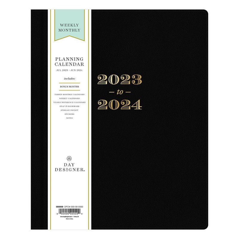 slide 3 of 11, Day Designer 2023-24 Academic Planner Faux Leather Hard Cover 8"x10" Weekly/Monthly Bookbound Black, 1 ct