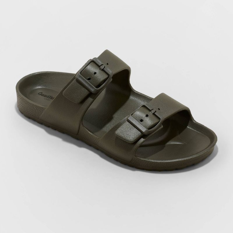 slide 1 of 3, Men's Carson Two Band Slide Sandals - Goodfellow & Co™ Olive Green 12: Slip On, Open Toe, Non Marking Outsole, 1 ct
