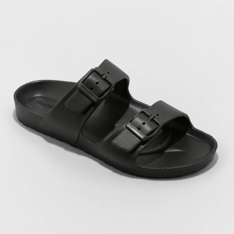 slide 1 of 3, Men's Carson Two Band Slide Sandals - Goodfellow & Co™ Black 7: Slip-On, Open Toe, Non-Marking Outsole, 1 ct
