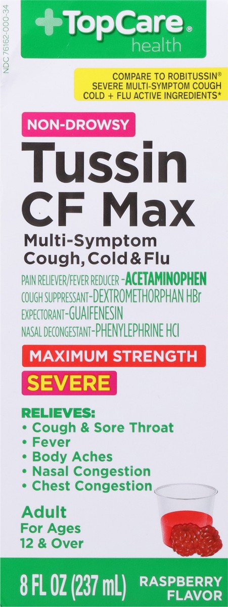 slide 2 of 14, TopCare Health Severe Non-Drowsy Maximum Strength Raspberry Flavor Tussin CF Max 8 fl oz, 8 fl oz