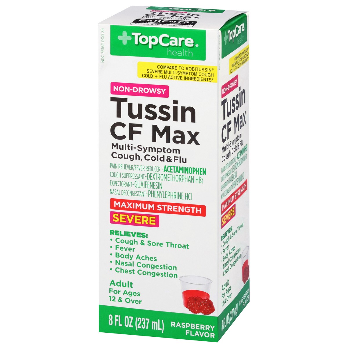 slide 13 of 14, TopCare Health Severe Non-Drowsy Maximum Strength Raspberry Flavor Tussin CF Max 8 fl oz, 8 fl oz