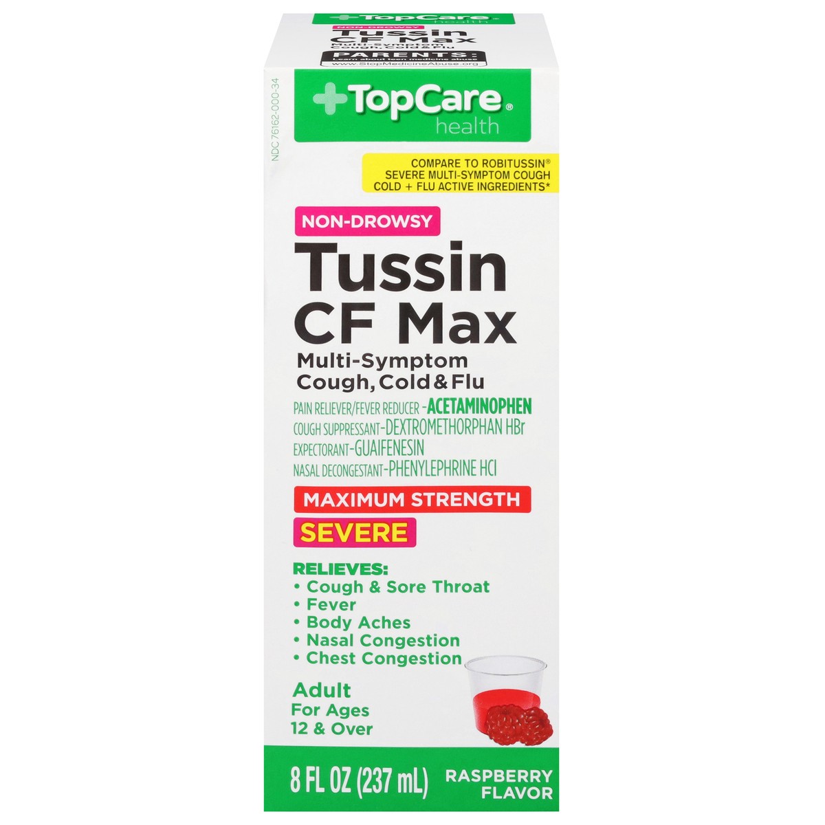 slide 3 of 14, TopCare Health Severe Non-Drowsy Maximum Strength Raspberry Flavor Tussin CF Max 8 fl oz, 8 fl oz