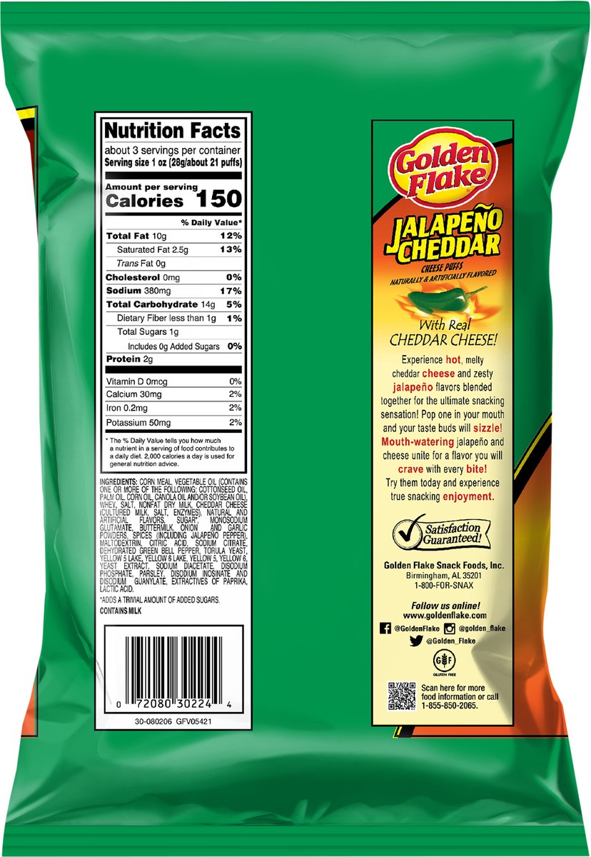 slide 7 of 7, Golden Flake Cheese Puffs Jalapeno Cheddar 3.125 oz, 3.12 oz