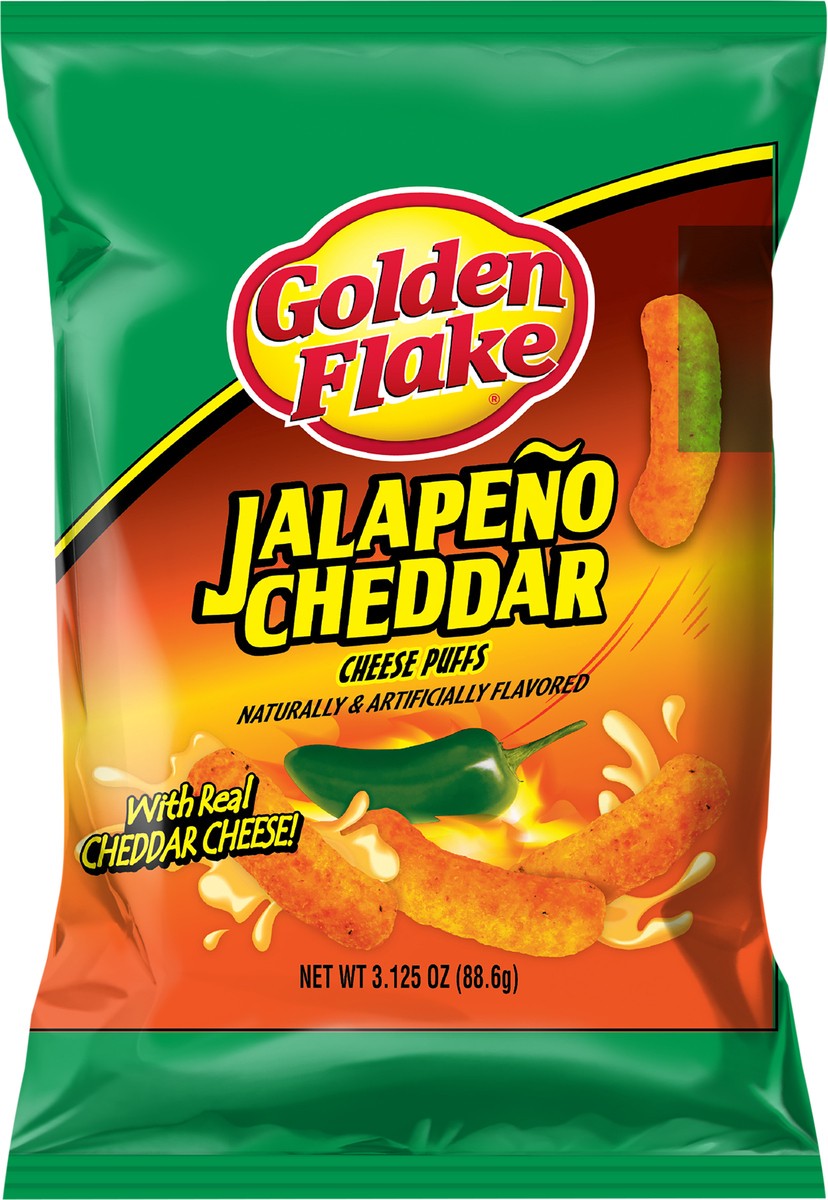 slide 5 of 7, Golden Flake Cheese Puffs Jalapeno Cheddar 3.125 oz, 3.12 oz