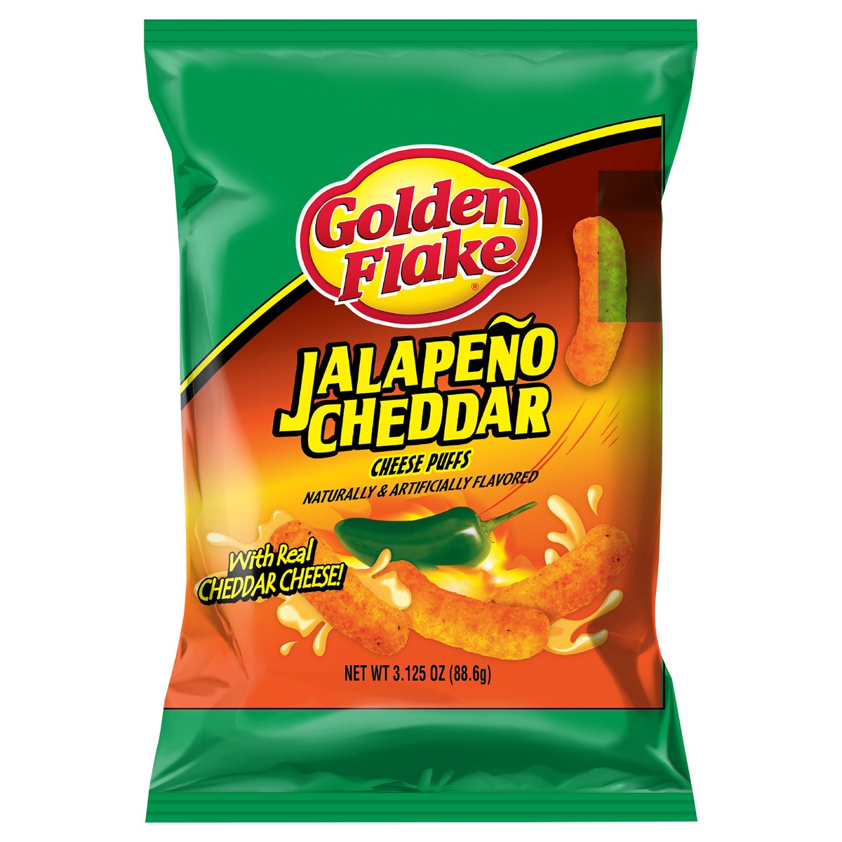 slide 1 of 7, Golden Flake Cheese Puffs Jalapeno Cheddar 3.125 oz, 3.12 oz