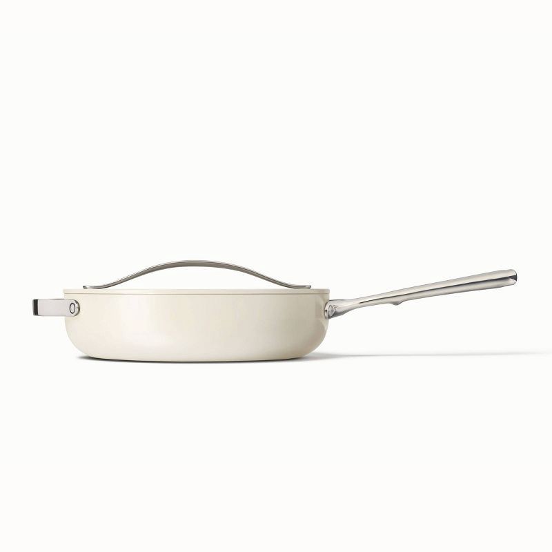 slide 2 of 4, Caraway Home 4.5qt Saute Pan with Lid Cream: Nonstick Ceramic Cookware, Stainless Steel Handle, Oven-Safe, 11.81" Diameter, 4.5 qt