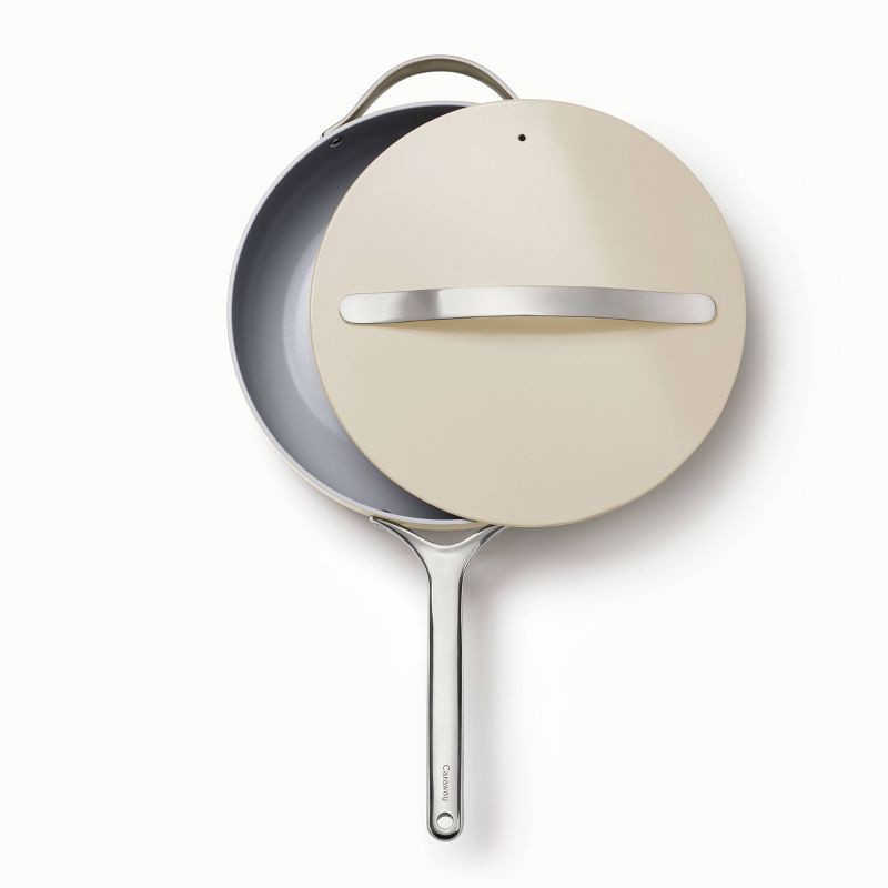 slide 3 of 4, Caraway Home 4.5qt Saute Pan with Lid Cream: Nonstick Ceramic Cookware, Stainless Steel Handle, Oven-Safe, 11.81" Diameter, 4.5 qt