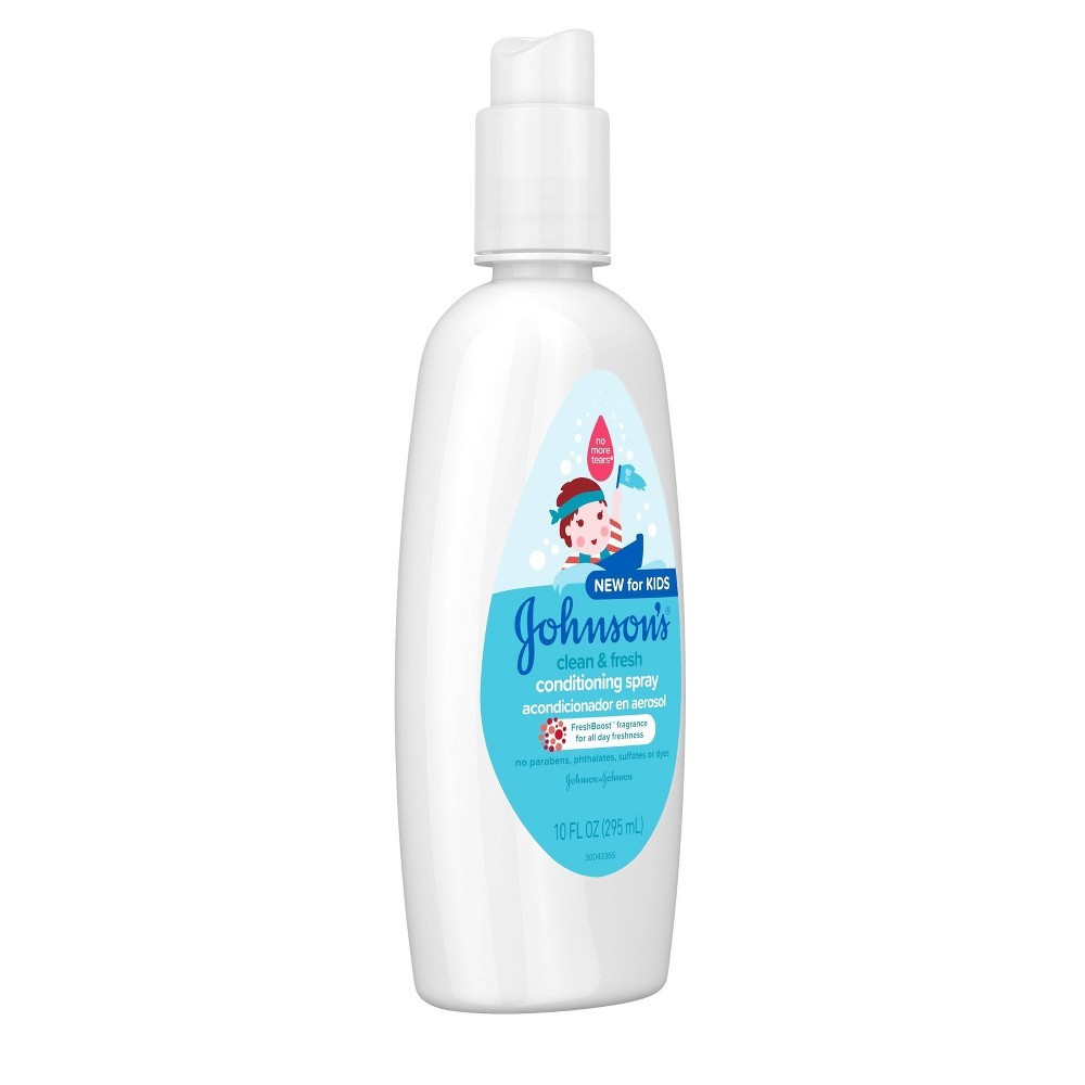 slide 7 of 8, Johnson's Clean & Fresh Tear-Free Kids' Hair Conditioning Spray, Paraben-, Sulfate-, & Dye-Free Formula, Hypoallergenic & Gentle for Toddlers' Hair with FreshBoost Fragrance, 10 fl. oz, 295 ml