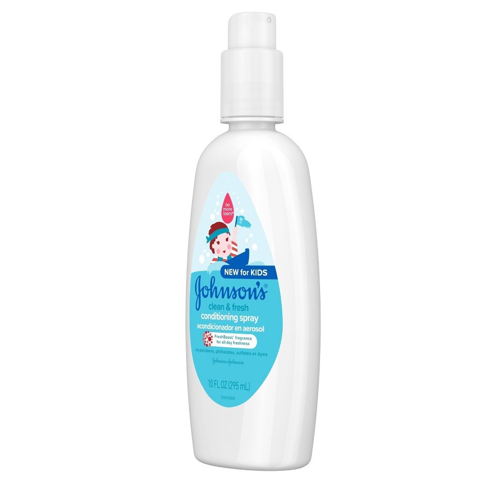 slide 6 of 8, Johnson's Clean & Fresh Tear-Free Kids' Hair Conditioning Spray, Paraben-, Sulfate-, & Dye-Free Formula, Hypoallergenic & Gentle for Toddlers' Hair with FreshBoost Fragrance, 10 fl. oz, 295 ml