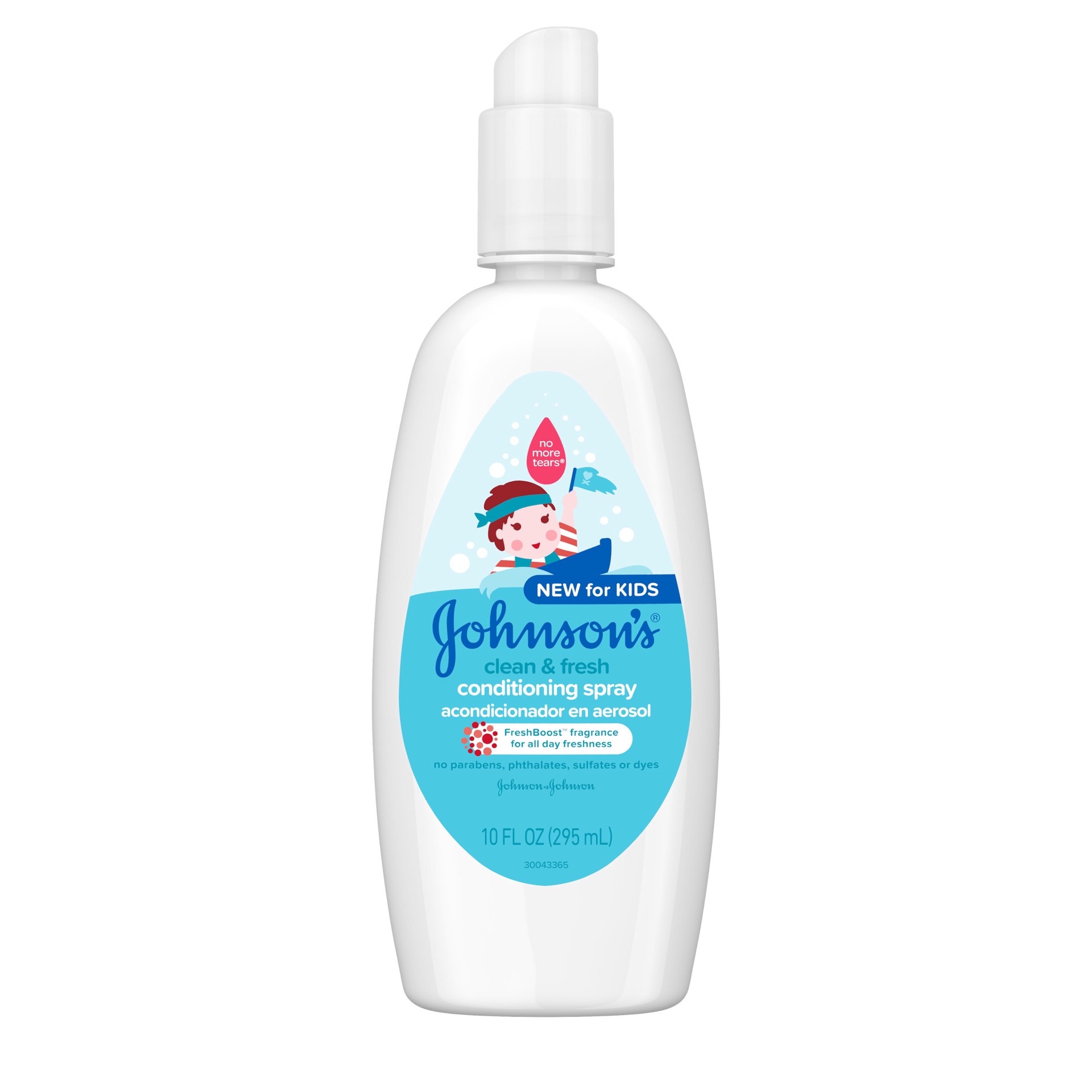 slide 1 of 8, Johnson's Clean & Fresh Tear-Free Kids' Hair Conditioning Spray, Paraben-, Sulfate-, & Dye-Free Formula, Hypoallergenic & Gentle for Toddlers' Hair with FreshBoost Fragrance, 10 fl. oz, 295 ml