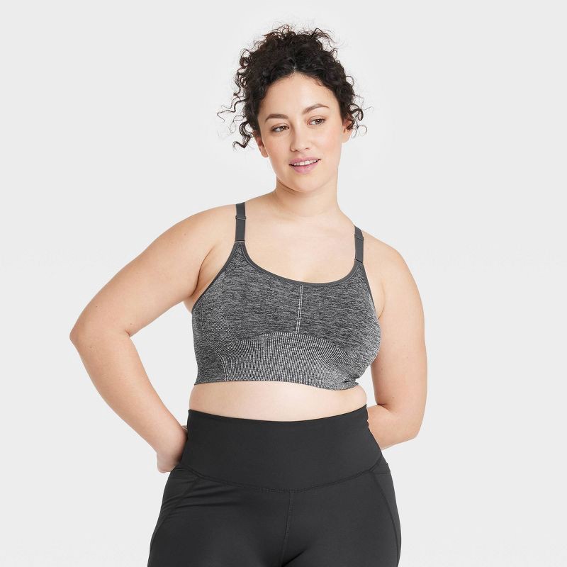 slide 3 of 6, Women's Seamless Medium Support Cami Sports Bra - All In Motion™ Heathered Black M: Racerback, Removable Padding, 1 ct