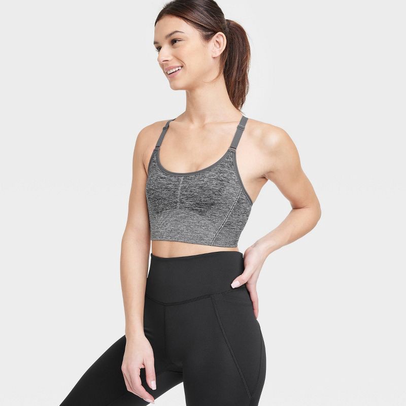 slide 5 of 6, Women's Seamless Medium Support Cami Sports Bra - All In Motion™ Heathered Black M: Racerback, Removable Padding, 1 ct
