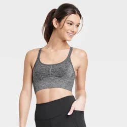 Women's Seamless Medium Support Cami Sports Bra - All In Motion™ Heathered Black L: Racerback, Removable Padding