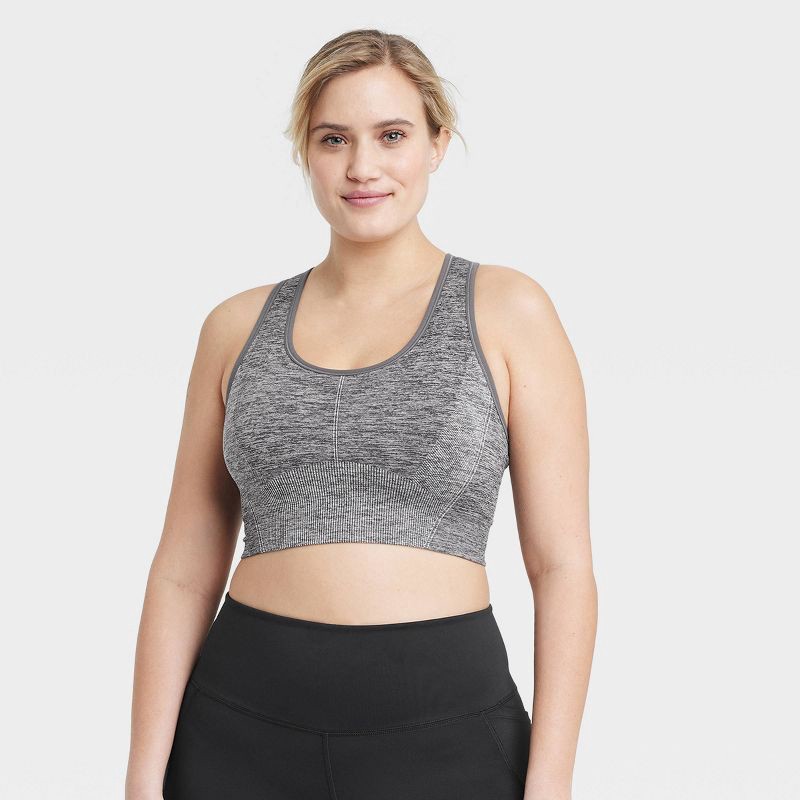 slide 3 of 5, Women's Seamless Medium Support Racerback Midline Sports Bra - All In Motion™ Heathered Black XL, 1 ct