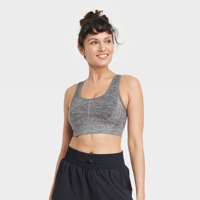 slide 1 of 5, Women's Seamless Medium Support Racerback Midline Sports Bra - All In Motion™ Heathered Black XL, 1 ct