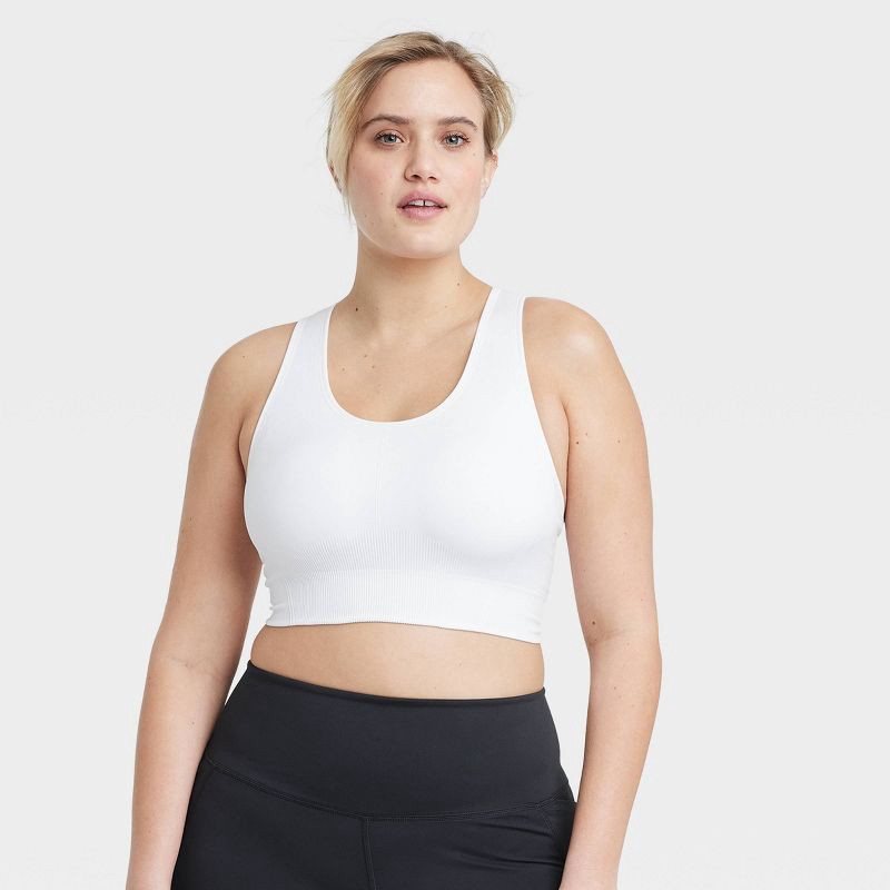 slide 3 of 6, Women's Seamless Medium Support Racerback Sports Bra - All In Motion™ White S: Removable Padding, Knit, 1 ct