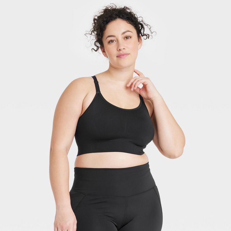 slide 3 of 6, Women's Seamless Medium Support Cami Sports Bra - All In Motion™ Black M: Racerback, Removable Padding, 1 ct