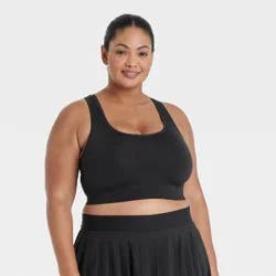 Women's Seamless Medium Support Racerback Sports Bra - All In Motion™ Black M: Moisture Wicking, Removable Padding