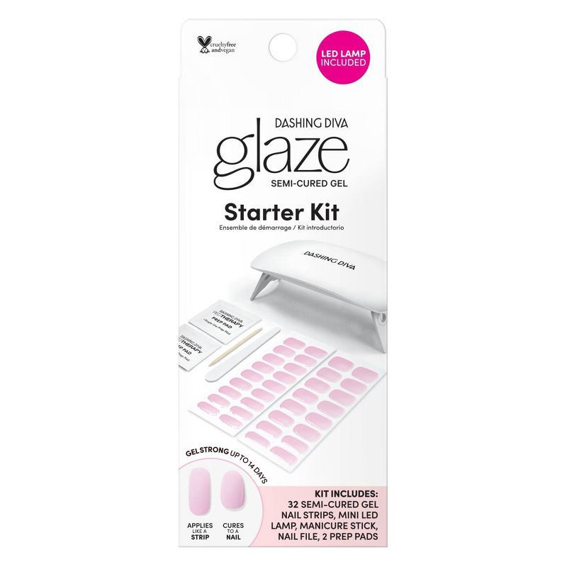 slide 1 of 8, Dashing Diva Glaze Semi-Cured Gel Nail Polish Strips Starter Kit - Lovely Pink - 32ct, 32 ct