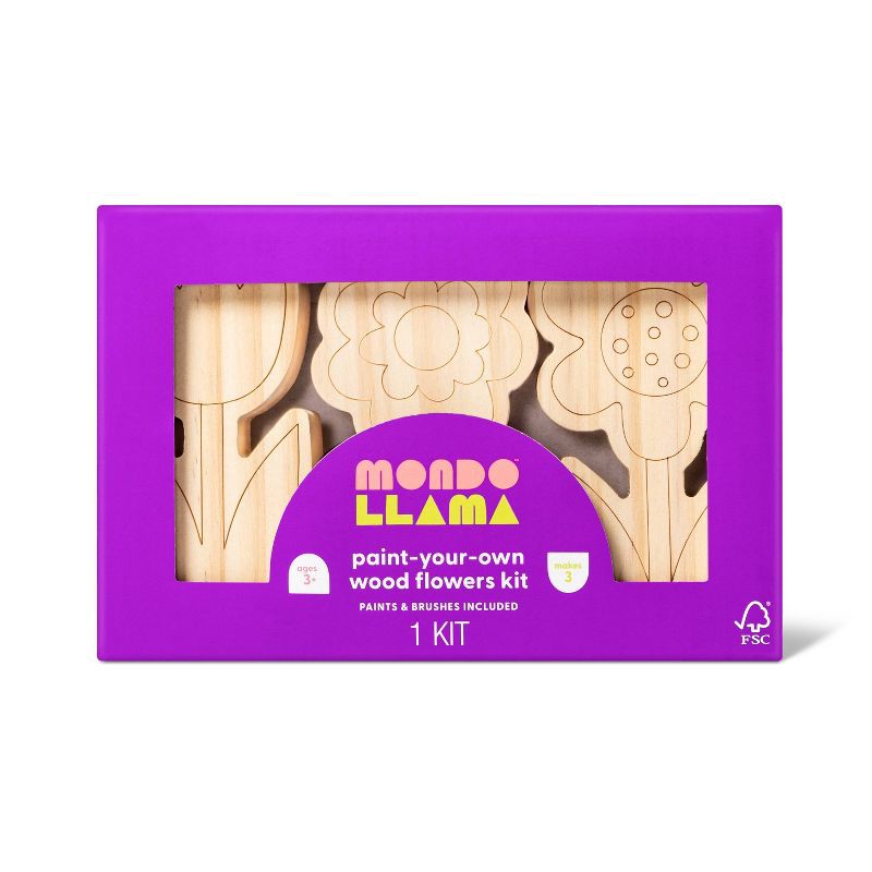 slide 1 of 1, 3pk Paint-Your-Own Wood Flowers Kit - Mondo Llama, 3 ct