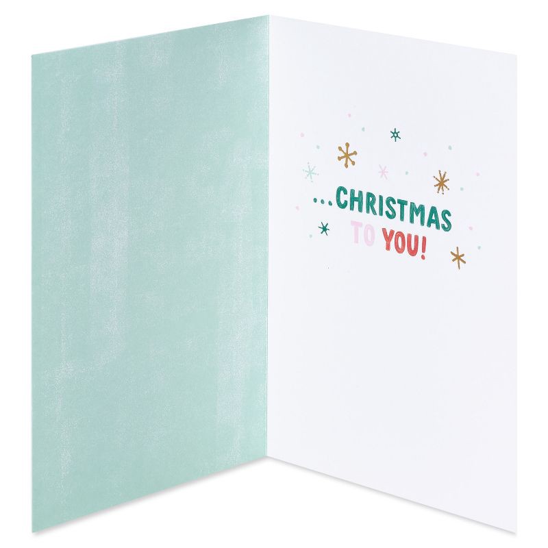 slide 2 of 5, Carlton Cards Merry Merry Merry Christmas Card: Holiday Greeting, Vertical Fold, Multicolored Typography Design, 1 ct